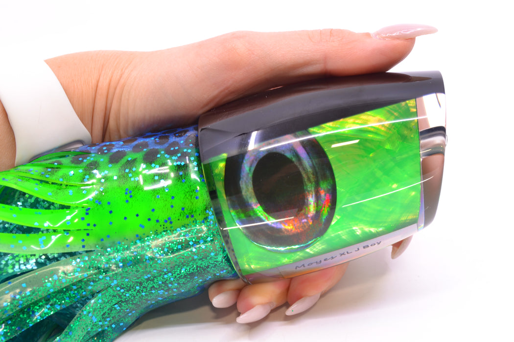 Moyes Lures Green MOP Black Back XL J-Boy Teaser 18.2oz Skirted Black Dots-Blue Dots