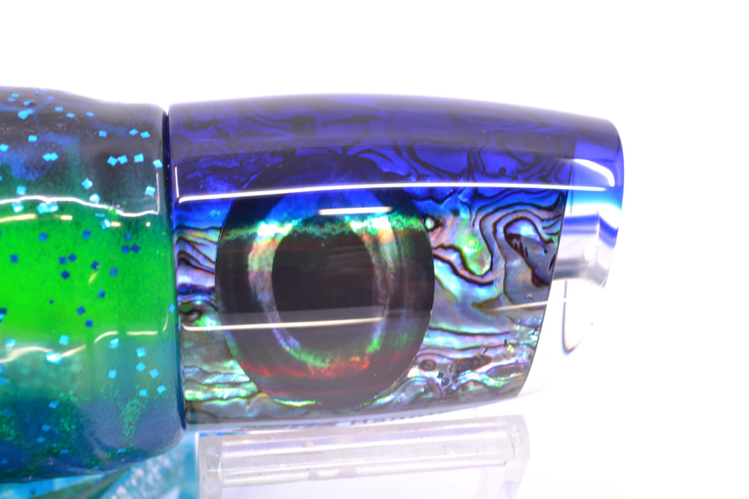 Moyes Lures Paua Shell Blue Back Taxi Eyes Hannibal 14" 9oz Skirted Black Dots-Blue Dots