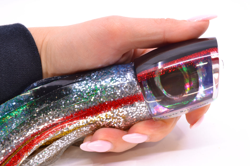 Moyes Lures Rainbow MOP Black-Red Back Taxi Eyes Bushmaster 12" 10oz Skirted Evil