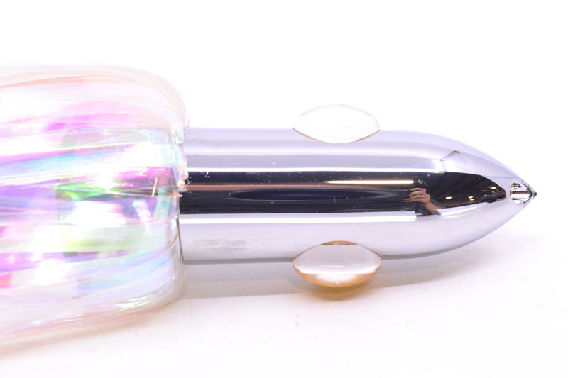Iland Lures White Iridescent Mylar Hair Chrome Head "Hawaiian Eye" Ilander 8.5" 2.5oz IL400M-BRU