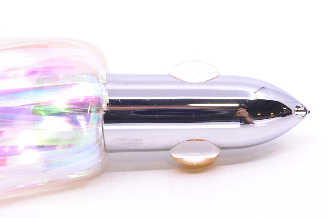 Iland Lures White Iridescent Mylar Hair Chrome Head "Hawaiian Eye" Ilander 8.5" 2.5oz IL400M-BRU