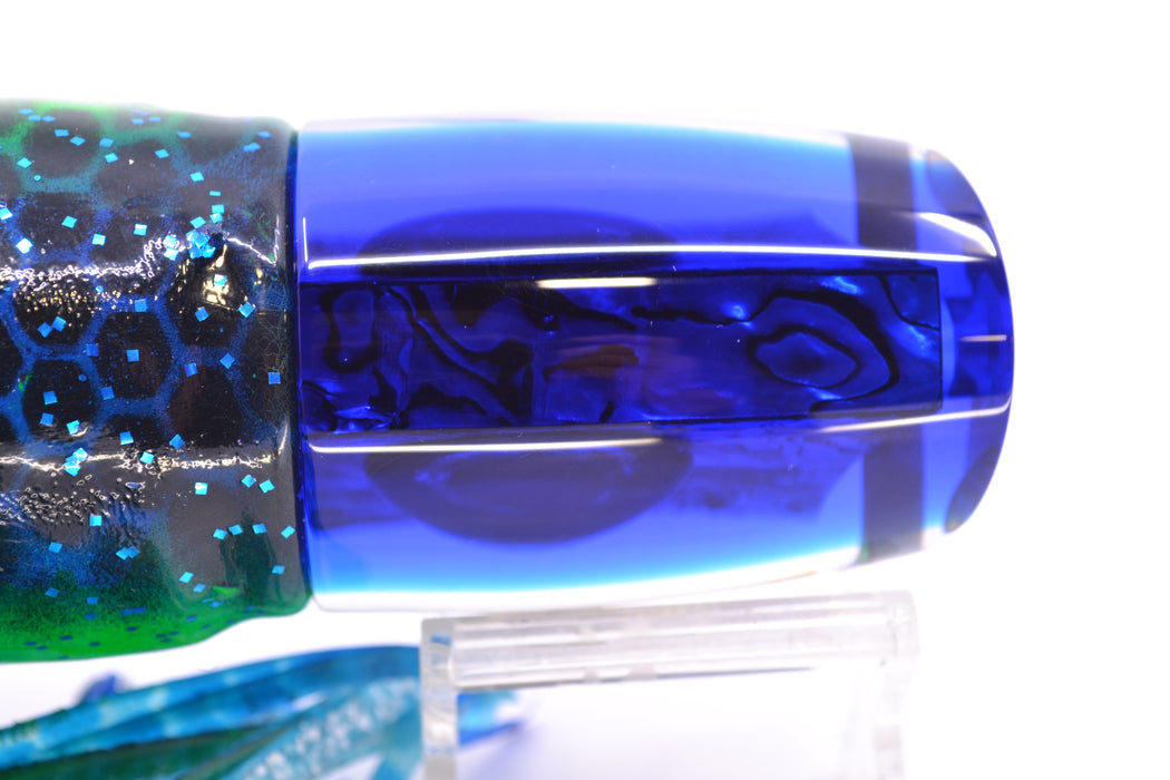Moyes Lures Paua Shell Blue Back Taxi Eyes Hannibal 14" 9oz Skirted Black Dots-Blue Dots