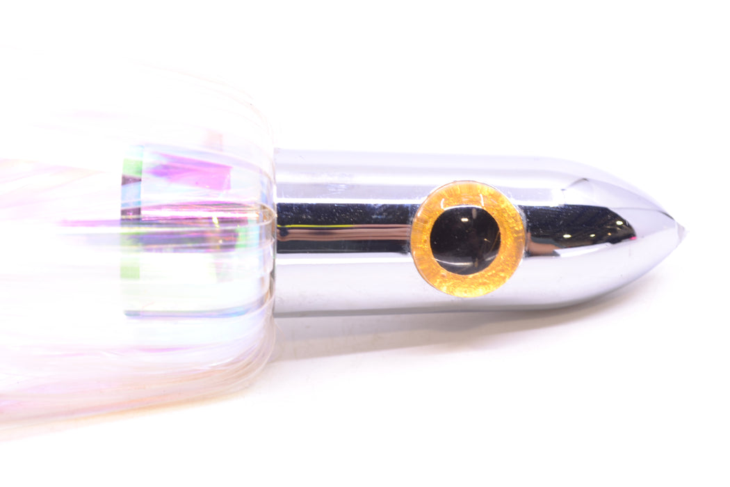 Iland Lures White Iridescent Mylar Hair Chrome Head "Hawaiian Eye" Ilander 8.5" 2.5oz IL400M-BRU