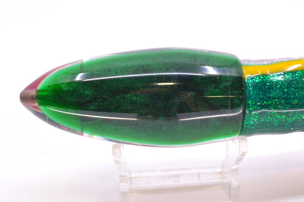 Bomboy Lures White Abalone Green Back Big Bomb 9"+ 7oz Skirted Green-Yellow-Silver