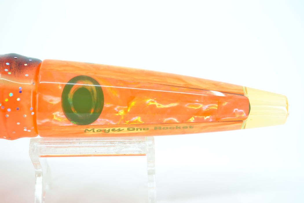 Moyes Lures Fluorescent Orange Awabi Shell Ono Rocket 9" 8oz Skirted Black Dots-Orange