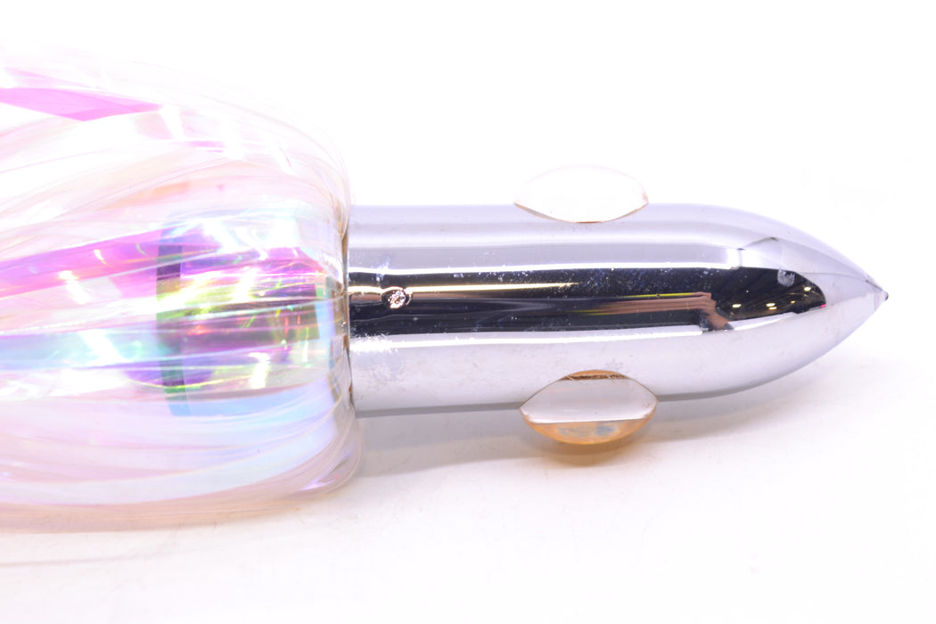 Iland Lures White Iridescent Mylar Hair Chrome Head "Hawaiian Eye" Ilander 8.5" 2.5oz IL400M-BRU