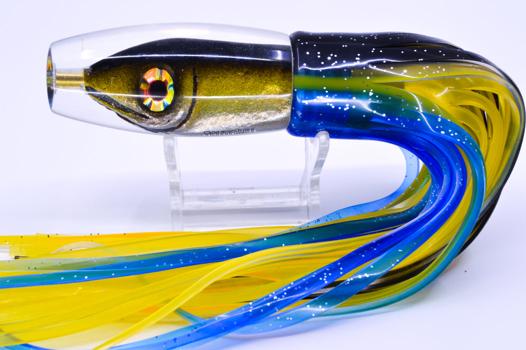 Tsutomu Lures Black-Yellow-Silver Fish Head Moke Invert 9" 7oz Skirted Black-Yellow-Blue