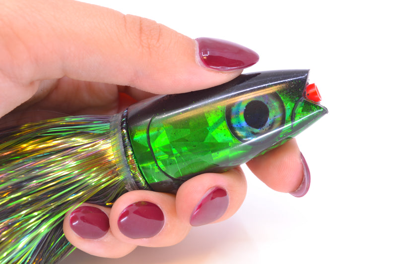 Aloha Lures Green Rainbow Black Back Small Super Ninja 7" 3.5oz Flashabou Black/Green