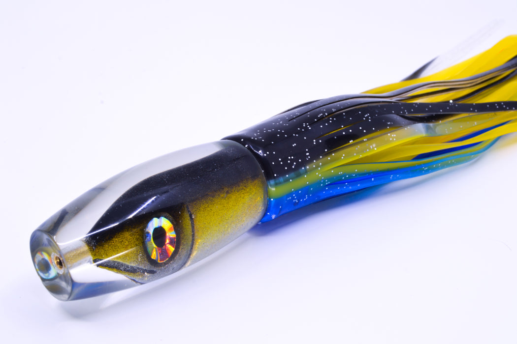 Tsutomu Lures Black-Yellow-Silver Fish Head Moke Invert 9" 7oz Skirted Black-Yellow-Blue