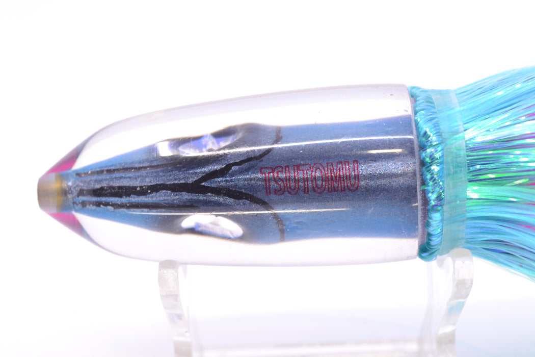 Tsutomu Lures Blue Dot Back Blue-Silver Fish Head Ali'i Bullet 7" 5oz Strobez Ice Blue/Pink