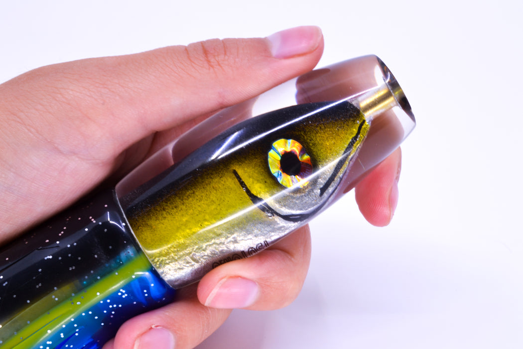 Tsutomu Lures Black-Yellow-Silver Fish Head Moke Invert 9" 7oz Skirted Black-Yellow-Blue