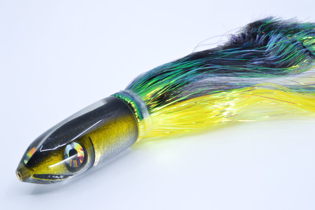 Tsutomu Lures Yellowfin Fish Head Ali'i Bullet 7" 5oz Flashabou Black-Yellow-White