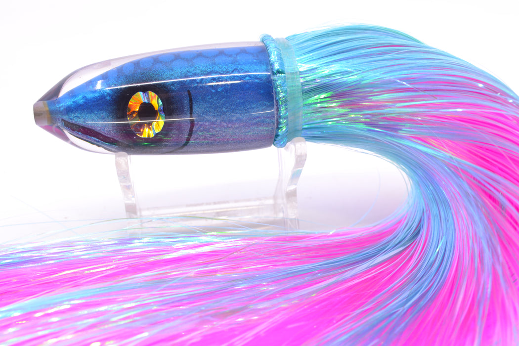 Tsutomu Lures Blue Dot Back Blue-Silver Fish Head Ali'i Bullet 7" 5oz Strobez Ice Blue/Pink