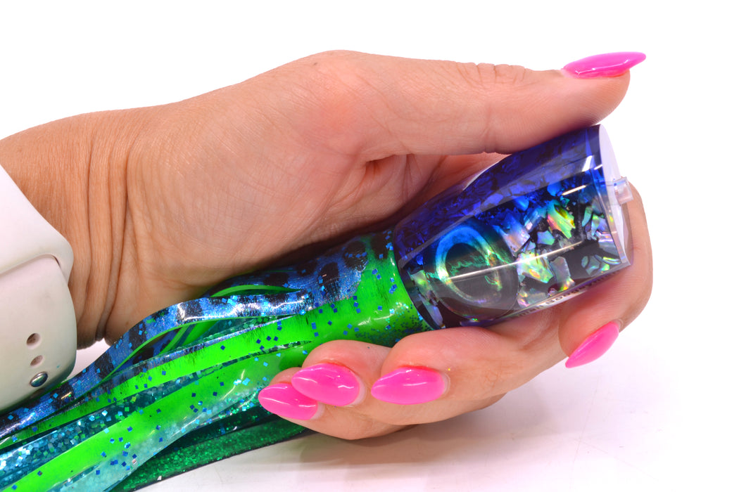 Moyes Lures S&P MOP Blue Back Small Boogeyman 9" 3.5oz Skirted Black Dots-Blue Dots GZE