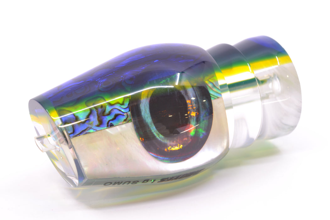 Moyes Lures Yellowfin Paua-MOP Blue-Yellow Back Taxi Eyes Large Sumo 14" 8oz GZE