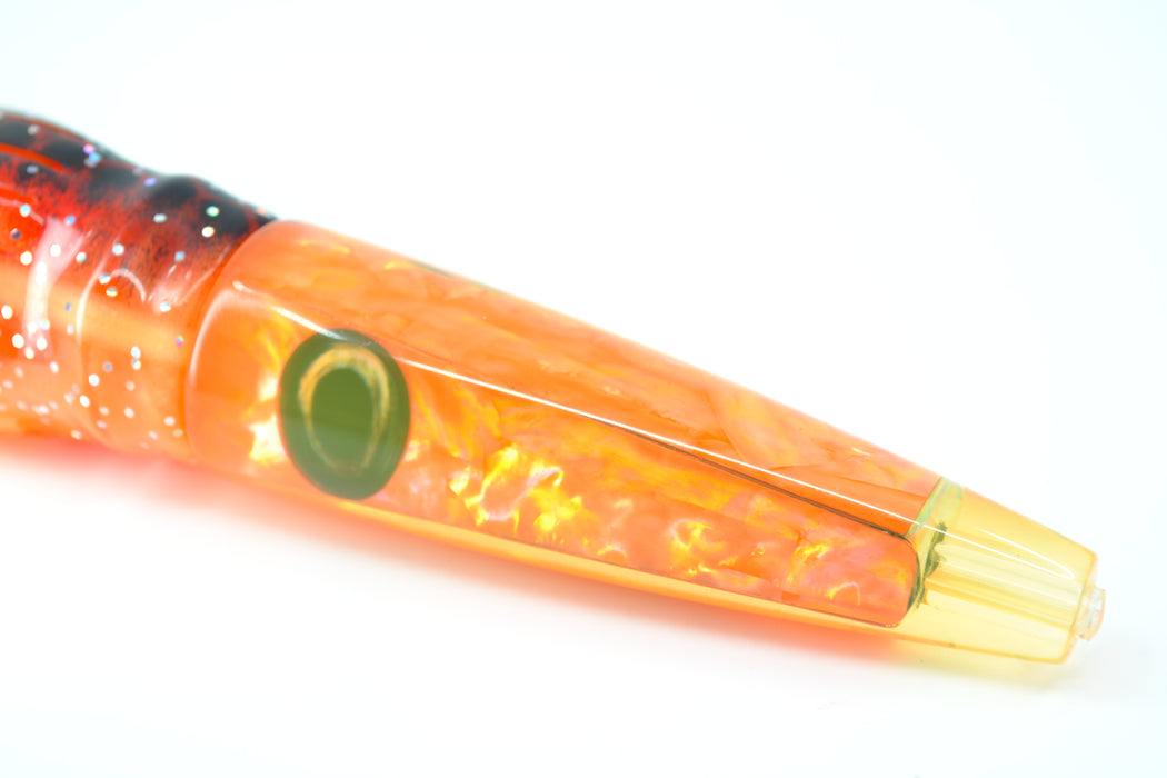 Moyes Lures Fluorescent Orange Awabi Shell Ono Rocket 9" 8oz Skirted Black Dots-Orange