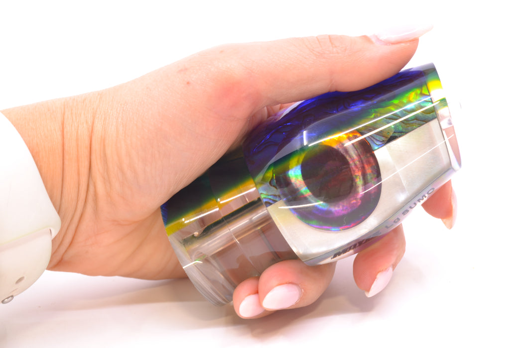 Moyes Lures Yellowfin Paua-MOP Blue-Yellow Back Taxi Eyes Large Sumo 14" 8oz GZE