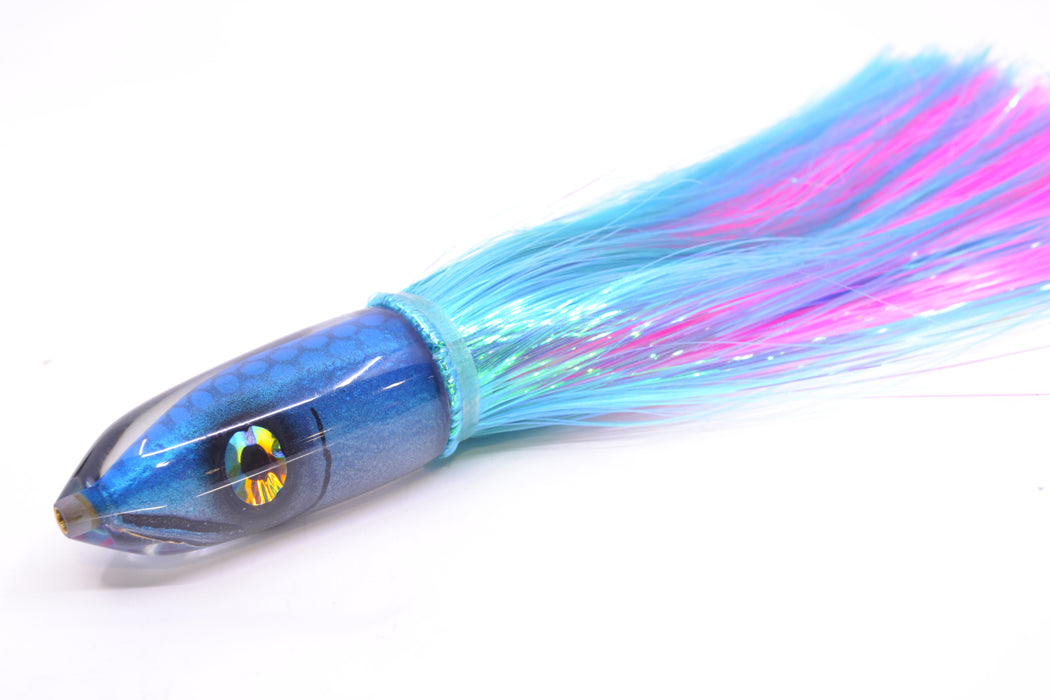 Tsutomu Lures Blue Dot Back Blue-Silver Fish Head Ali'i Bullet 7" 5oz Strobez Ice Blue/Pink