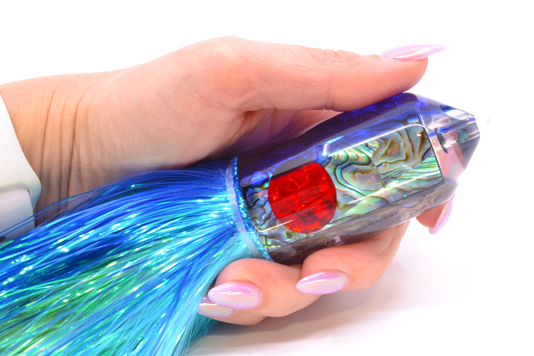 Moyes Lures Paua Shell Blue Back Red Eyes 2-Hole Large Sniper Jet 12" 12oz EZ Flash