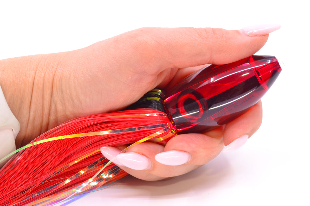 Moyes Lures Red Mirrored Small Ono Bullet 7" 3.8oz Skirted Black-Red Hair