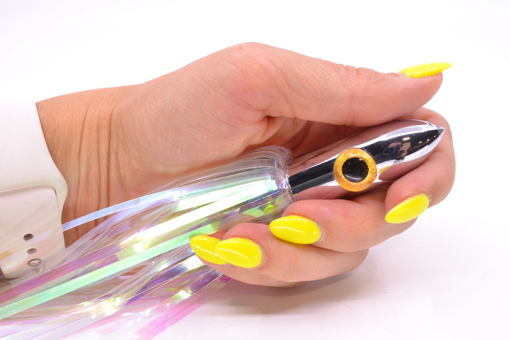Iland Lures White Iridescent Mylar Hair Chrome Head "Hawaiian Eye" Ilander 8.5" 2.5oz IL400M-BRU