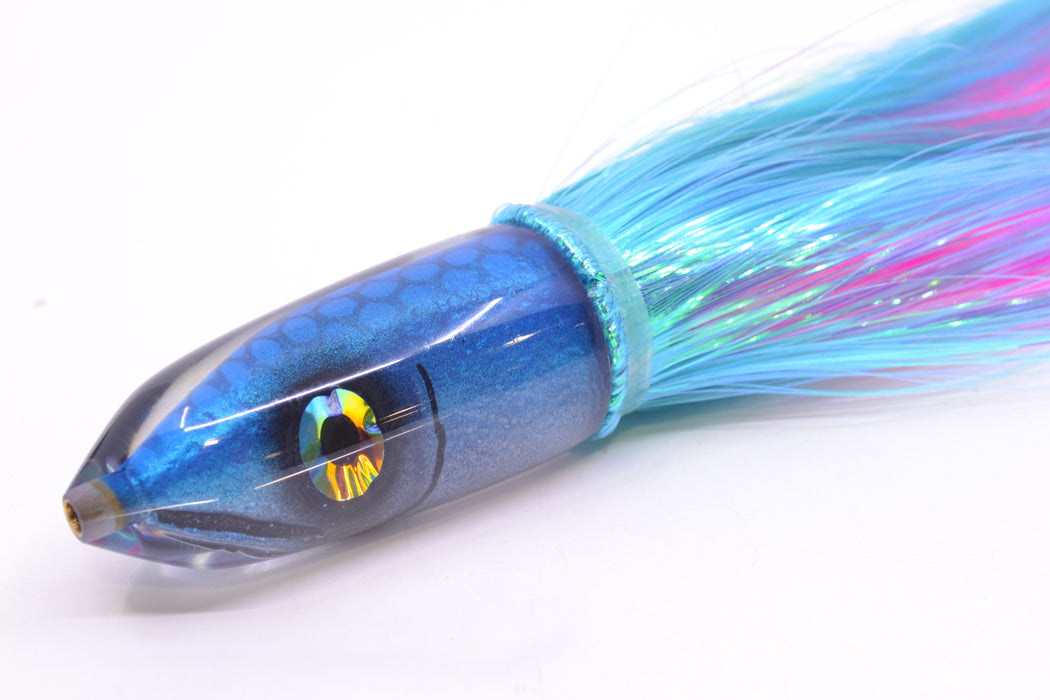 Tsutomu Lures Blue Dot Back Blue-Silver Fish Head Ali'i Bullet 7" 5oz Strobez Ice Blue/Pink