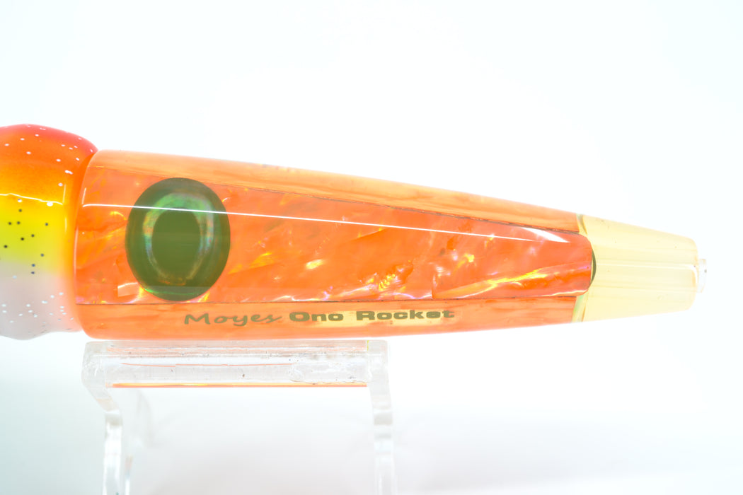Moyes Lures Fluorescent Orange Awabi Shell Ono Rocket 9" 8oz Skirted Orange-White-Blue
