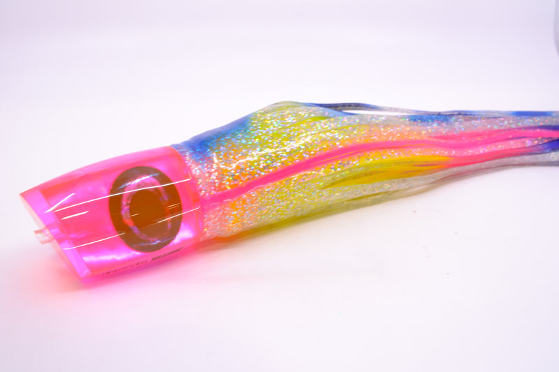 Moyes Lures Pink MOP Taxi Eyes Hannibal 14" 9oz Skirted Holo-Blue Bars