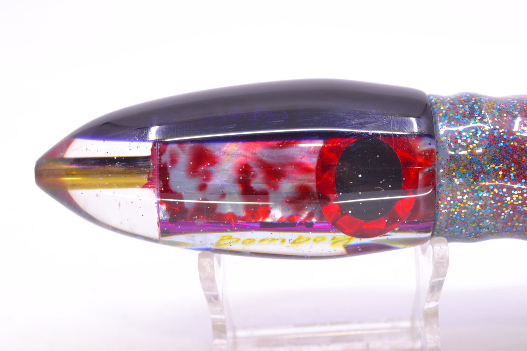 Bomboy Lures Blood Splatter MOP Purple Back Big Bomb 9"+ 7oz Skirted Firecracker/Red