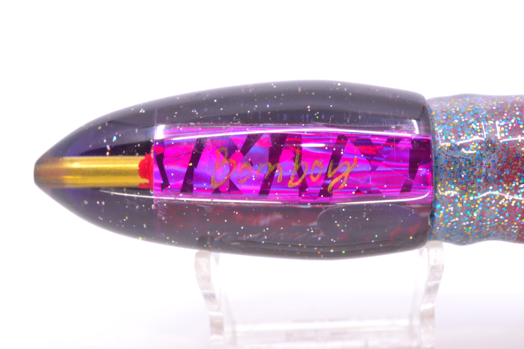 Bomboy Lures Blood Splatter MOP Purple Back Big Bomb 9"+ 7oz Skirted Firecracker/Red