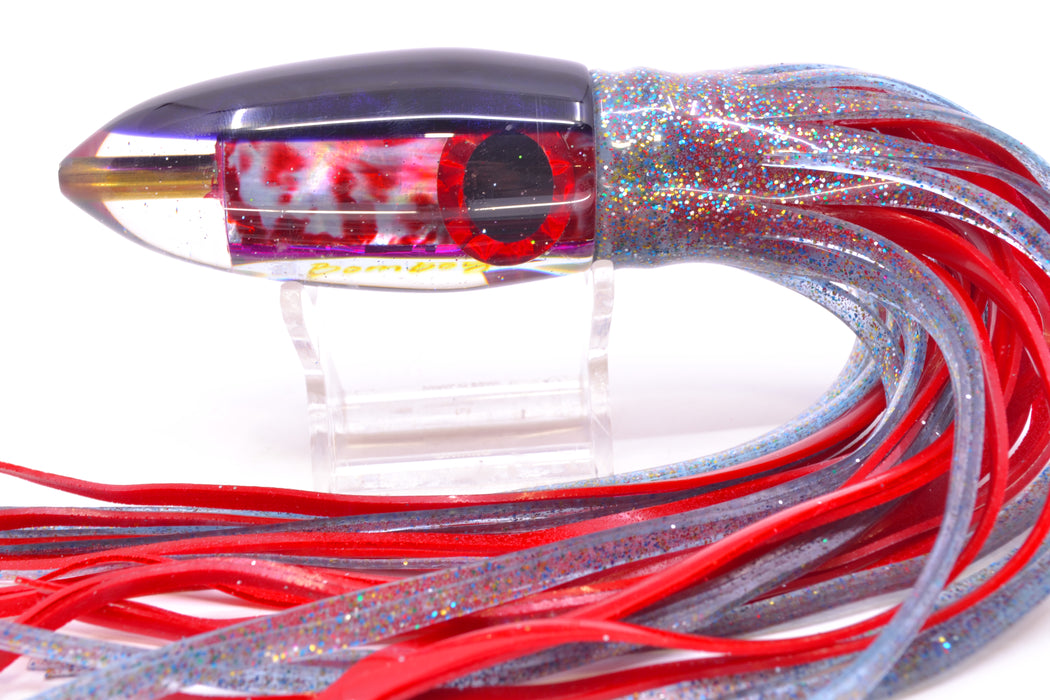 Bomboy Lures Blood Splatter MOP Purple Back Big Bomb 9"+ 7oz Skirted Firecracker/Red