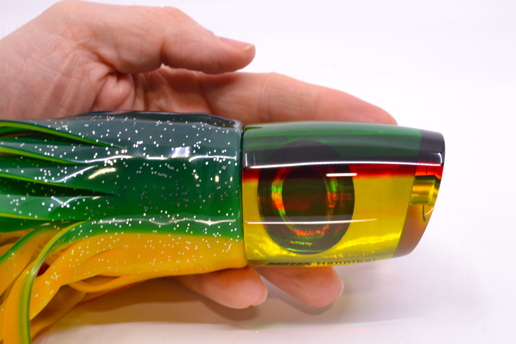 Moyes Lures Yellow MOP Green-Red Back Hannibal 14" 9oz Skirted Green-Yellow