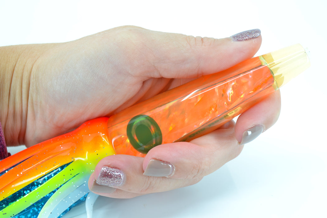 Moyes Lures Fluorescent Orange Awabi Shell Ono Rocket 9" 8oz Skirted Orange-White-Blue