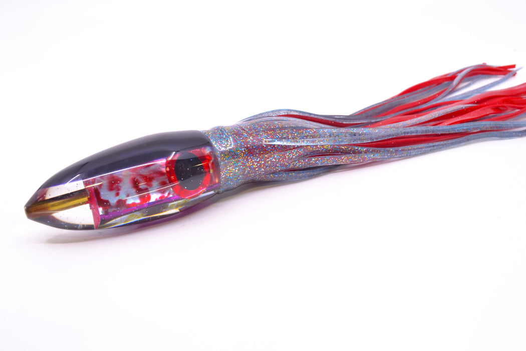 Bomboy Lures Blood Splatter MOP Purple Back Big Bomb 9"+ 7oz Skirted Firecracker/Red
