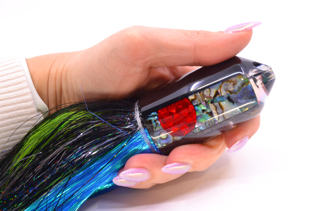 Moyes Lures Paua Shell Black Back Red Eyes 2-Hole Large Sniper Jet 12" 12oz EZ Flash