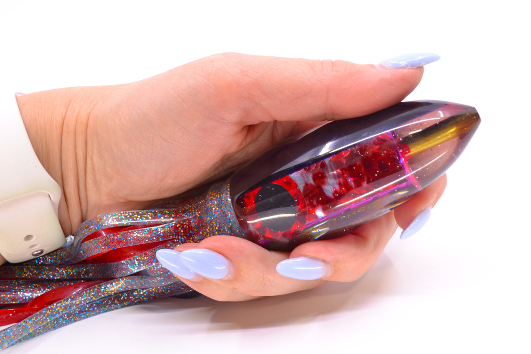 Bomboy Lures Blood Splatter MOP Purple Back Big Bomb 9"+ 7oz Skirted Firecracker/Red