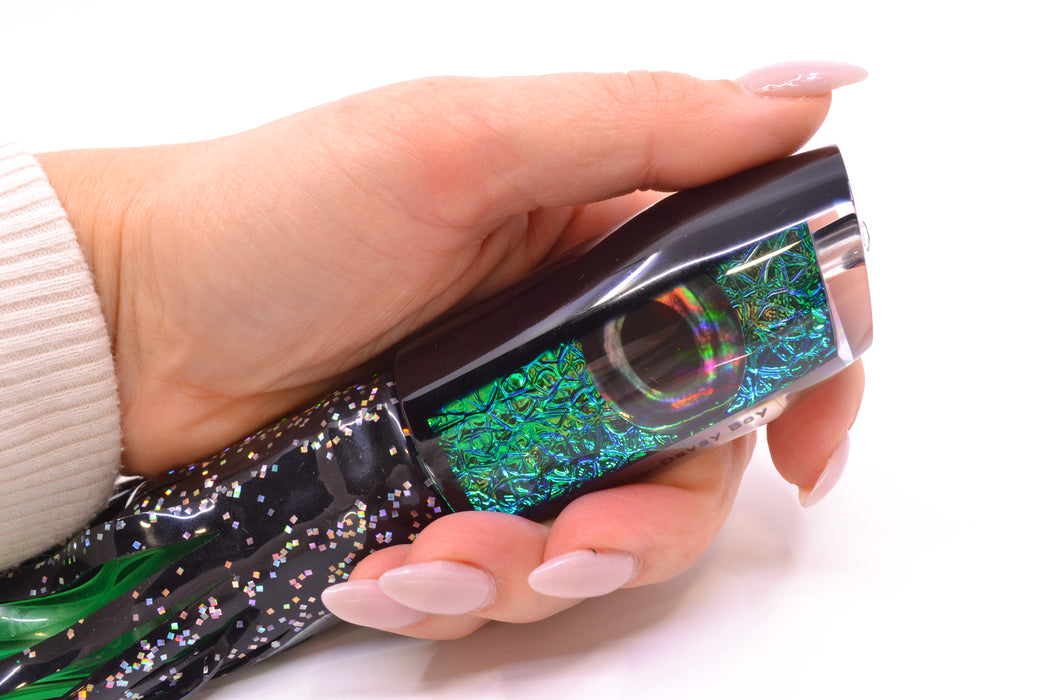 Moyes Lures Blue-Green Oil Slick Black Back Taxi Eyes Davey Boy 12" 8oz Skirted Black