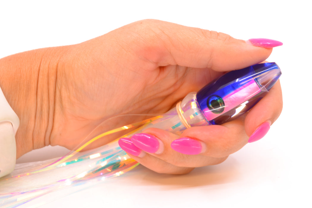 Moyes Lures Pink MOP Blue Back Taxi Eyes Poon 5" 1.3oz Skirted White Hair