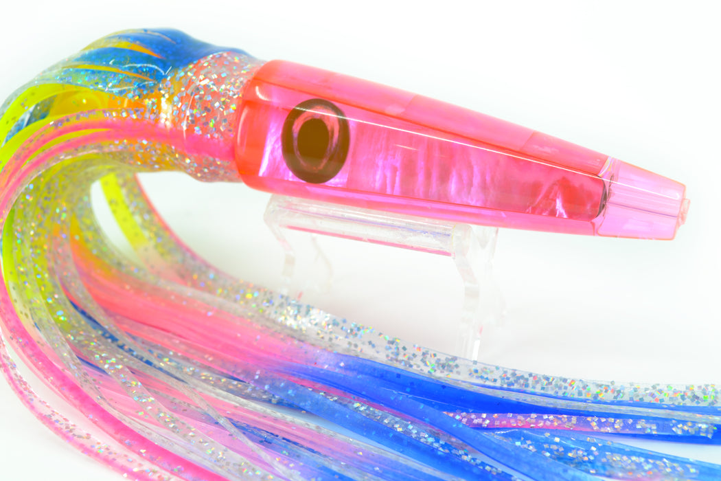 Moyes Lures Fluorescent Pink Awabi Shell Ono Rocket 9" 8oz Skirted Blue-Clear-Rainbow