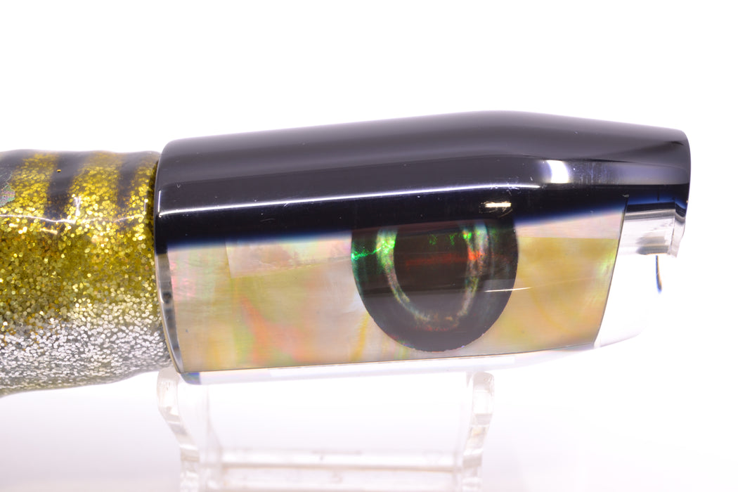 Moyes Lures Golden MOP Black Back Taxi Eyes Davey Boy 12" 8oz Skirted Yellow Aurora