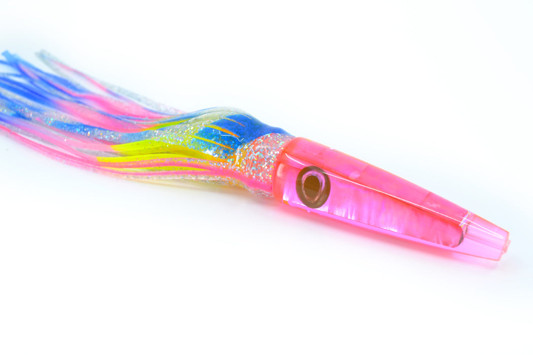 Moyes Lures Fluorescent Pink Awabi Shell Ono Rocket 9" 8oz Skirted Blue-Clear-Rainbow