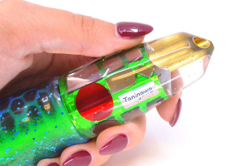 Tanigawa Lures Green Rainbow Flake Cracked Glass 2-Hole Bullet 9"+ 10.5oz Skirted