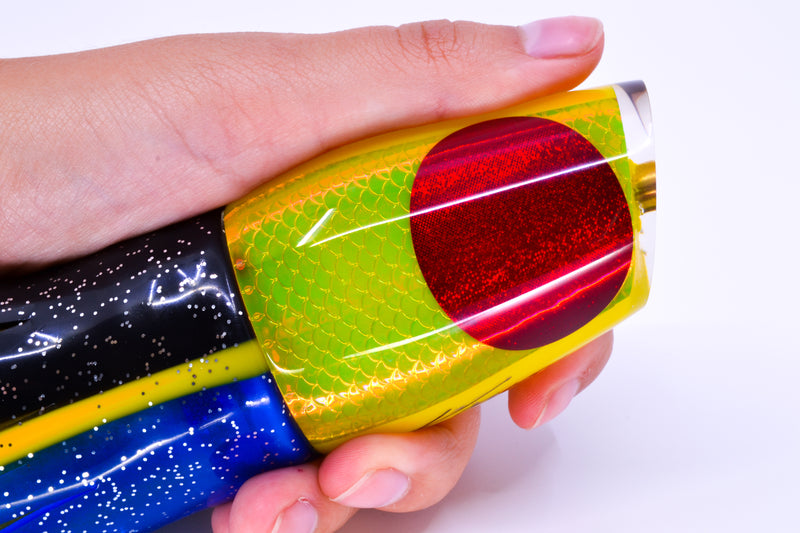 Koya Lures Yellow Rainbow Scale Red Eyes Medium 861 12" 9.3oz Skirted Black-Yellow-Blue GZE