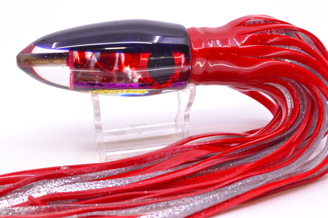 Bomboy Lures Blood Splatter MOP Purple Back Big Bomb 9"+ 7oz Skirted Red/Silver *KNICKED*
