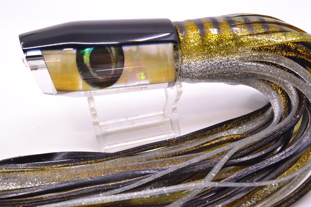 Moyes Lures Golden MOP Black Back Taxi Eyes Davey Boy 12" 8oz Skirted Yellow Aurora