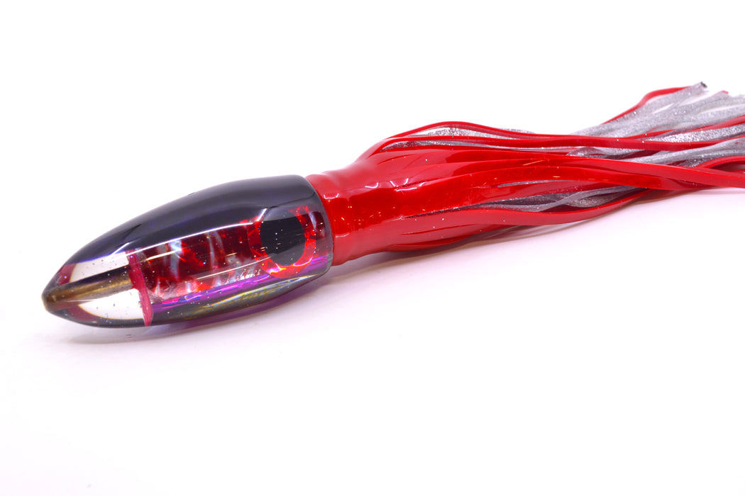 Bomboy Lures Blood Splatter MOP Purple Back Big Bomb 9"+ 7oz Skirted Red/Silver *KNICKED*
