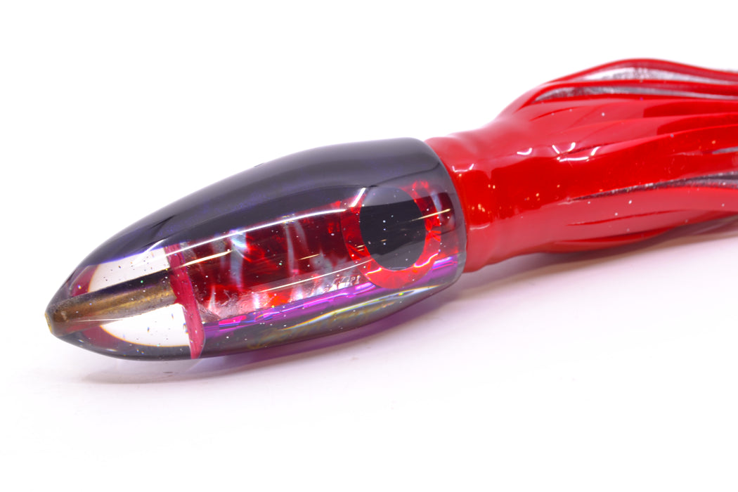 Bomboy Lures Blood Splatter MOP Purple Back Big Bomb 9"+ 7oz Skirted Red/Silver *KNICKED*