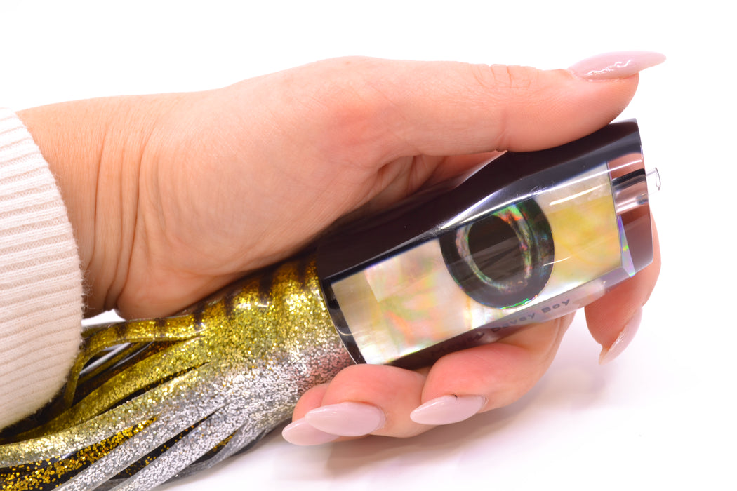 Moyes Lures Golden MOP Black Back Taxi Eyes Davey Boy 12" 8oz Skirted Yellow Aurora