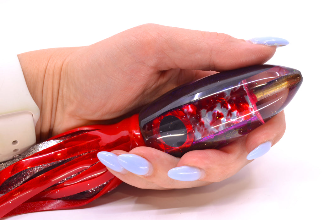 Bomboy Lures Blood Splatter MOP Purple Back Big Bomb 9"+ 7oz Skirted Red/Silver *KNICKED*
