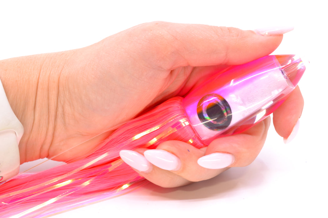 Moyes Lures White MOP Pink Back Small Ono Bullet 7" 3.8oz Skirted Pink Hair